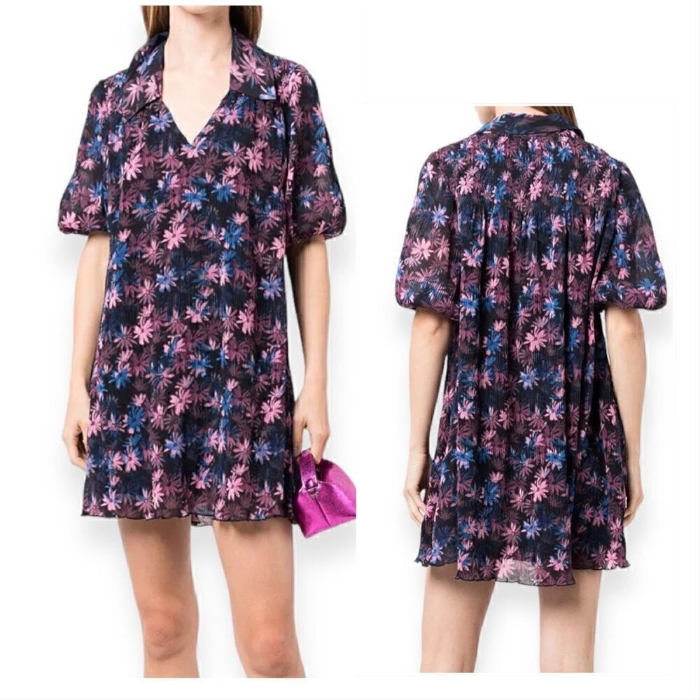 Ganni pleated georgette V neck Mini dress, Size 34, Daisy Spray, New with tags,